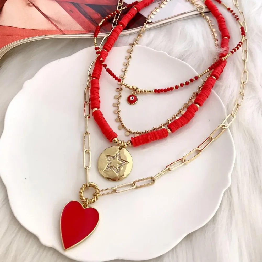 Birth Flower Necklace - Kkbead zircão estrela coração vermelho pingente